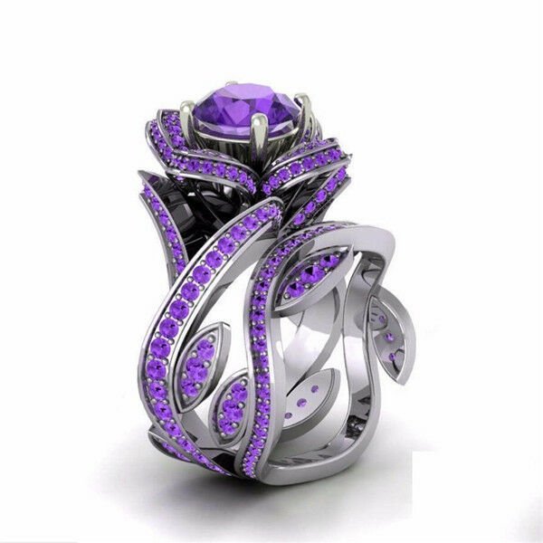 Gorgeous Lotus Ring Round Cut Amethyst Women 925 Silver Wedding Ring Size 6-10
