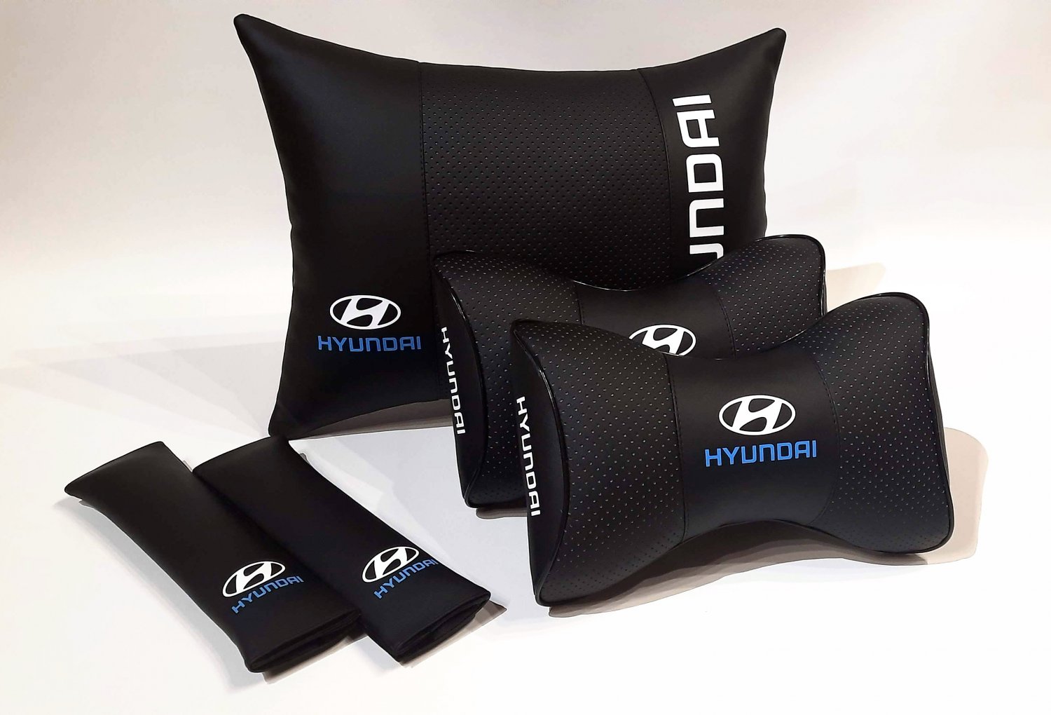 Auto Pillow Headrest Back Rest Set 5units Genuine PU Leather Car Full Cover Cushion Pad Logo Hyundai