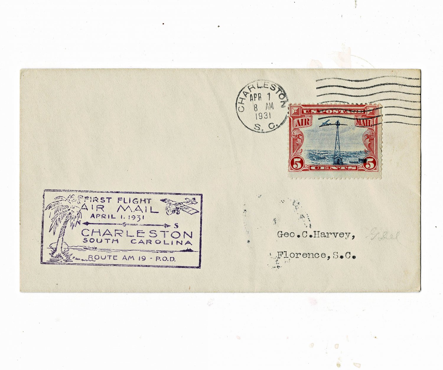 1931 Air Mail First Flight Charleston, SC w#C11, No Letter (11-17-21)