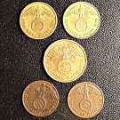 Germany Nazi Third Reich 1930s 1, 5, 10 Reichspfennig 5 different pcs.