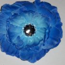 Blue Peony Flower Hair Clip with Jewel Center