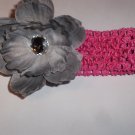 Silver grey peony on a hot pink 1.5 inch crochet headband