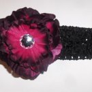 Burgandy peony hair clip on 1.5 inch black crochet headband