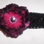 Burgandy peony hair clip on 1.5 inch black crochet headband
