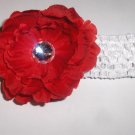 Red peony hair clip on a 1.5 inch white crochet headband