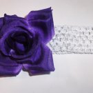 Purple Rose Hair Clip on a 1.5 inch white crochet headband