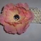 Peach peony hairclip on a 1.5 inch crochet headband