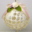 Christmas ornament Victorian style stiffened crocheted lace round with roses and ribbons