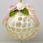 Christmas ornament Victorian style stiffened crocheted lace round with roses and ribbons