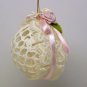 Christmas ornament Victorian style stiffened crocheted lace round with roses and ribbons