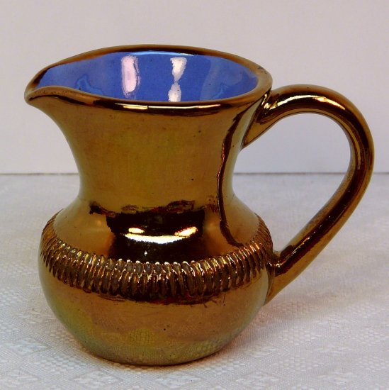 Vintage small pitcher copper luster glaze blue interior Creigiau Wales