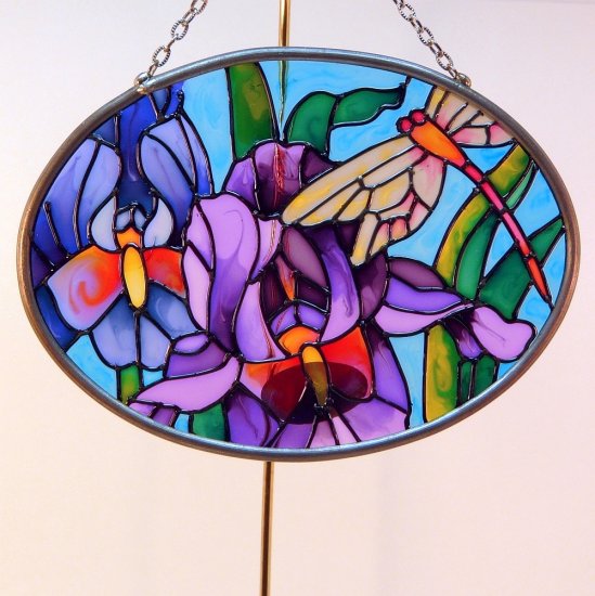 Joan Baker Designs art glass suncatcher small oval irises dragonfly