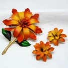 Vintage pin and clip on earring set demi flower floral orange gold tone Vintage pin and clip on earring set demi flower floral orange gold tone