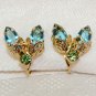 Vtg clip earrings insect fly prong set rhinestones gold tone blue green small