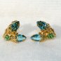 Vtg clip earrings insect fly prong set rhinestones gold tone blue green small