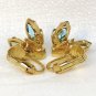 Vtg clip earrings insect fly prong set rhinestones gold tone blue green small
