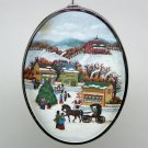 vtg Hallmark Friendship Satin Ornament 1985 padded fabric acrylic back farm town winter scene