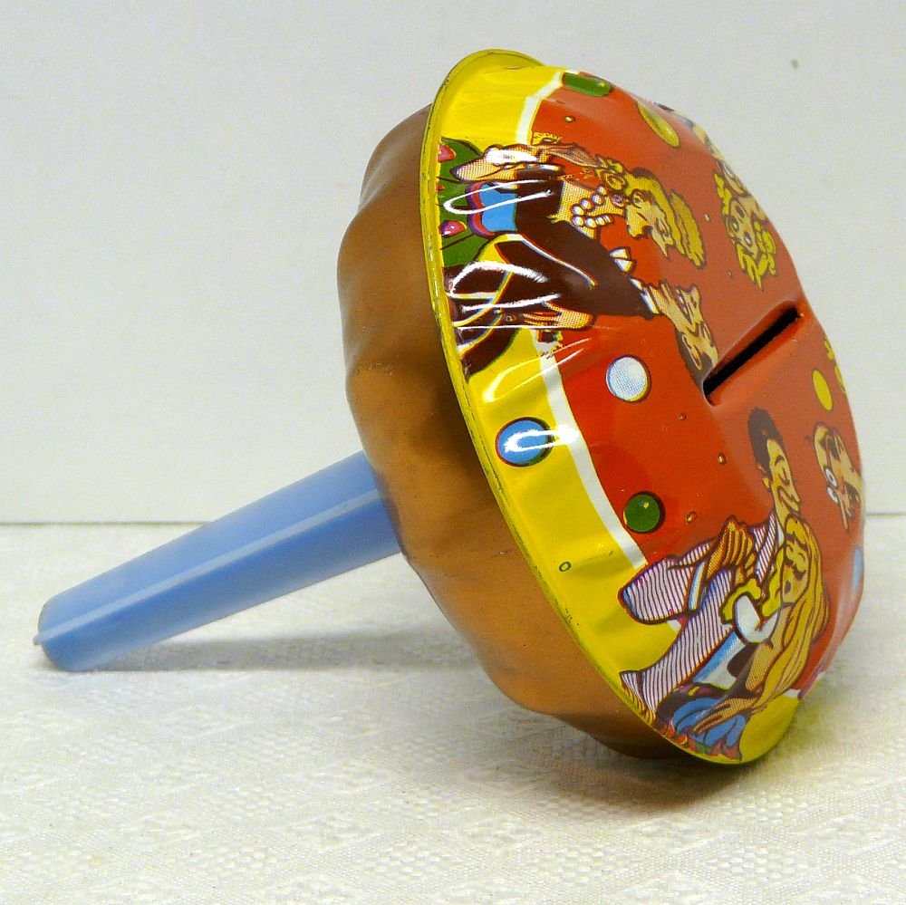 Vtg Tin Noisemaker Round Rattle plastic handle