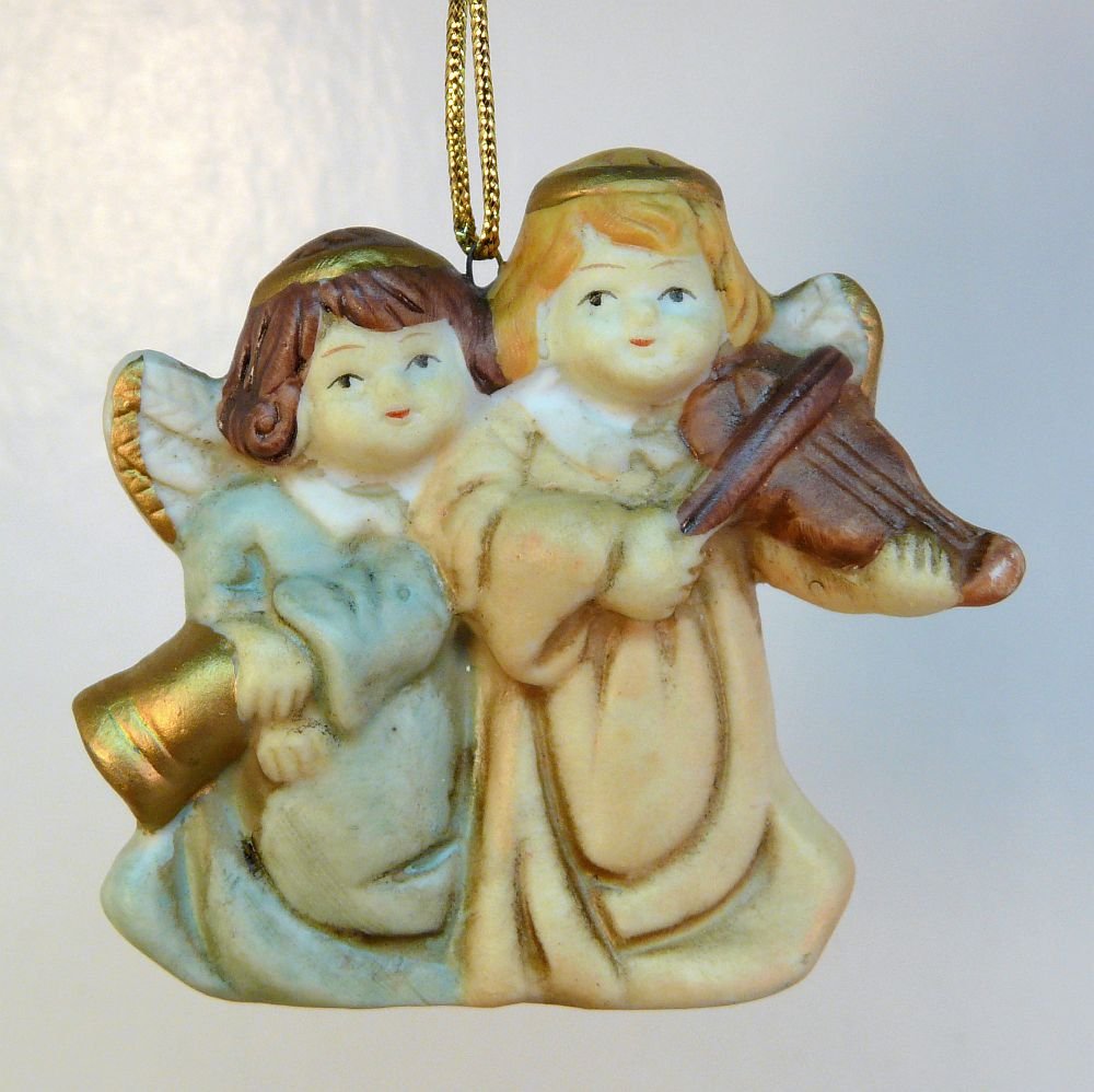 Angel Christmas Ornament bisque porcelain bell and violin