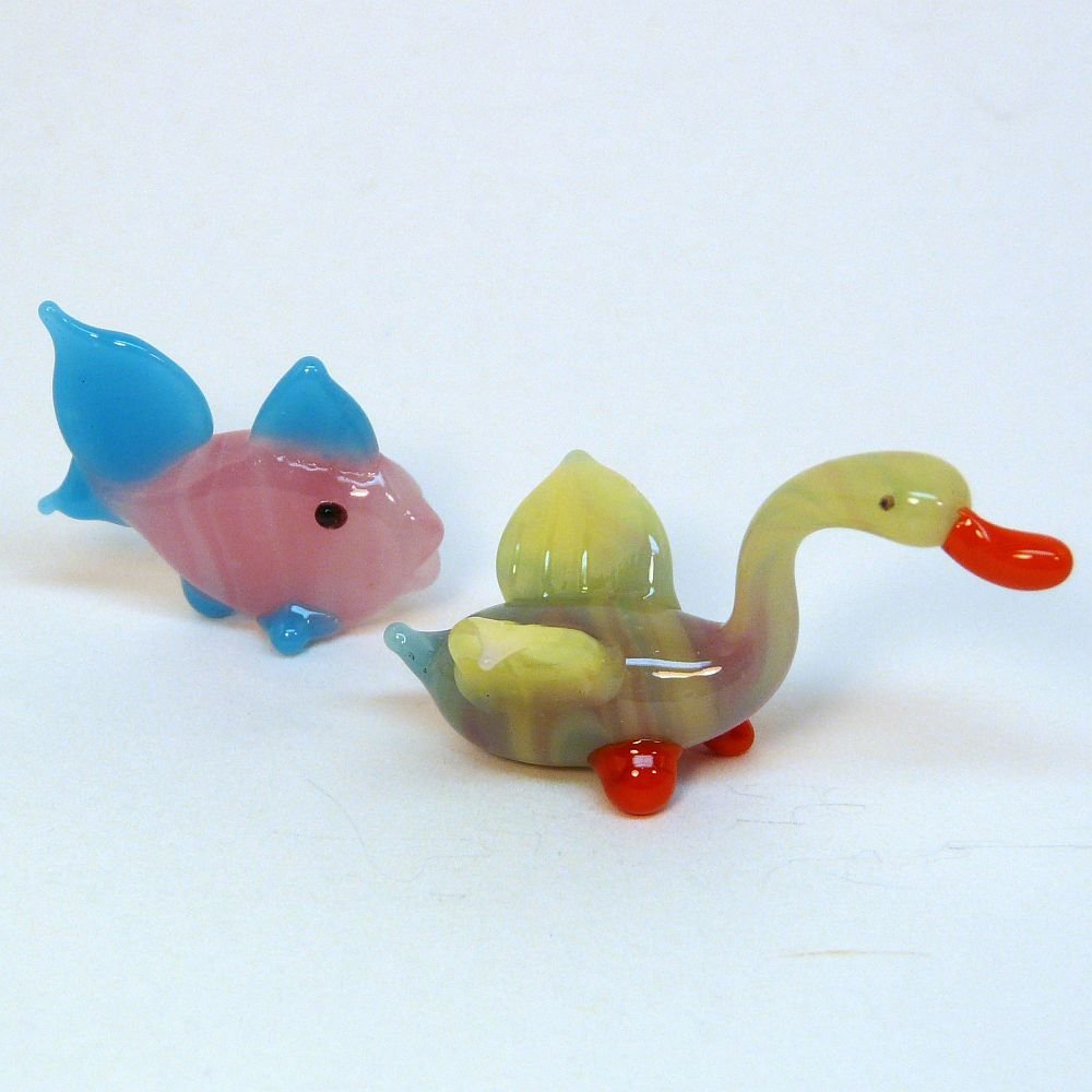 2 Vintage miniature blown glass figurines fish and duck