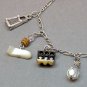 Vintage charm bracelet cooking theme silvertone with beads and crystals