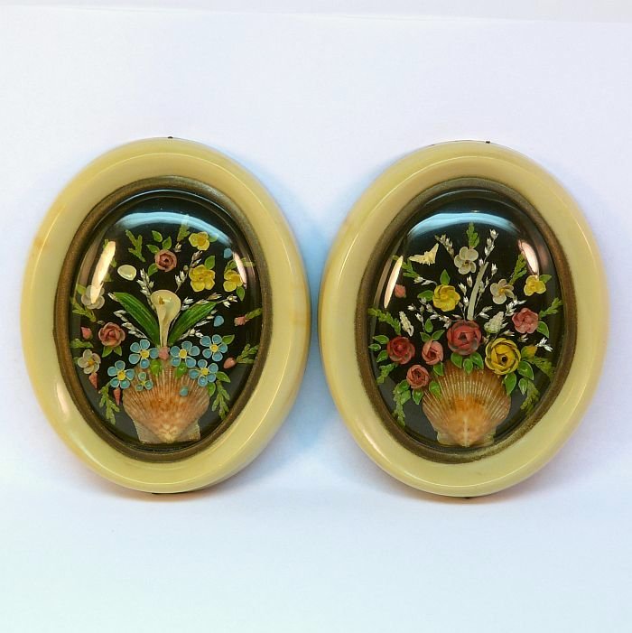 pair small vintage floral shell art wall plaques early plastic bubble top frames