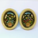 pair small vintage floral shell art wall plaques early plastic bubble top frames