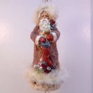 Bejeweled Santa Christmas ornament hand decorated mauve fuzzy coat feather trim artist signature Bejeweled Santa Christmas ornament hand decorated mauve fuzzy coat feather trim artist signature