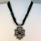 Vintage cross pendant necklace black cords with hematite colored rhinestones silver tone