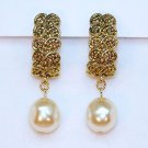 Vtg earrings pierced gold tone faux pearl dangle braided style
