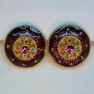 Vtg earrings pierced gold tone burgundy enamel round multi rhinestones