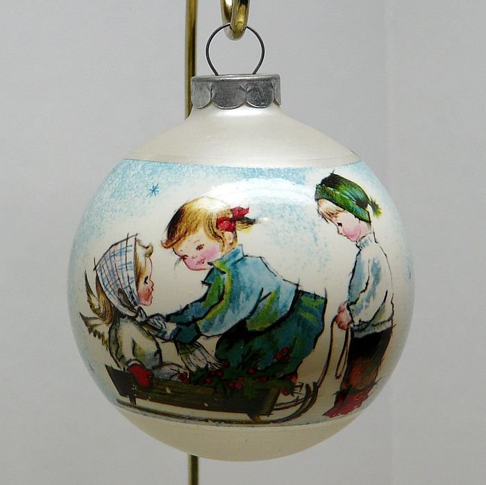 Vintage Christmas Ornament sleeved glass ball children donkey angels sleigh