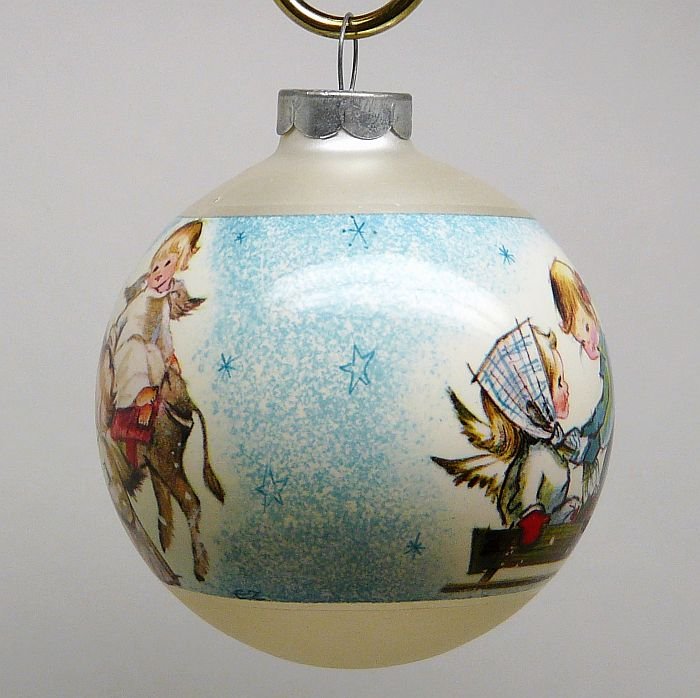 Vintage Christmas Ornament sleeved glass ball children donkey angels sleigh