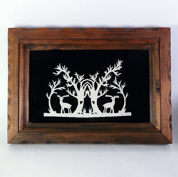 Folk Art Scherenschnitte paper cutting silhouette forest scene framed signed DC 1983 hand cut