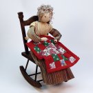 vtg cornhusk doll old lady in rocking chair gray hair striped dress quilt handmade