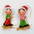 2 vtg Christmas ornaments wooden Taiwan skiers knit hats 2 vtg Christmas ornaments wooden Taiwan skiers knit hats