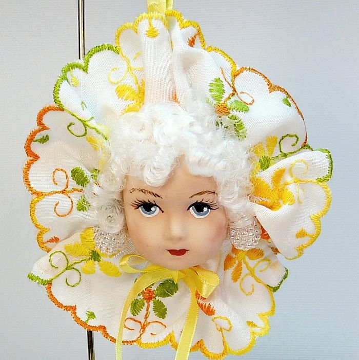 Lovely lady doll head face Christmas ornament hand crafted white hair