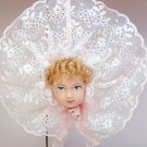 Doll head Christmas ornament hand crafted blonde hair white lace
