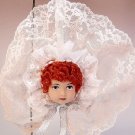 Lovely lady doll head face Christmas ornament hand crafted red hair beige and white lace redhead Lovely lady doll head face Christmas ornament hand crafted red hair beige and white lace redhead