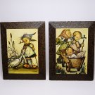 2 vintage Hummel Philatex laminated pictures Goose Girl two girls walking with baby
