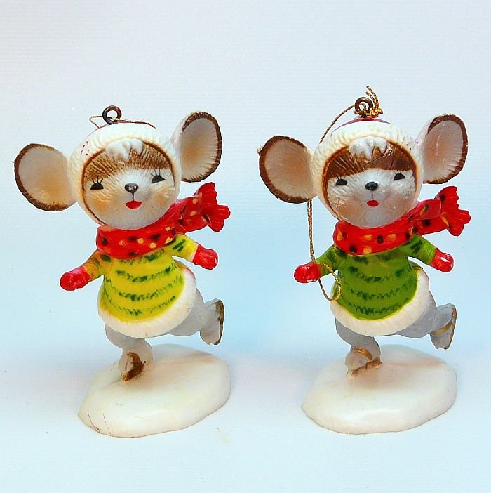 2 Vintage Ice Skating Mouse Christmas ornaments figurines Bradford