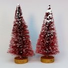 2 dark pink bottle brush trees vintage white snow gold painted bases
