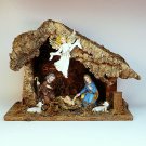 Vintage Nativity tabletop stable with figures Italy Jesus Mary Joseph lambs angel wood cork bark