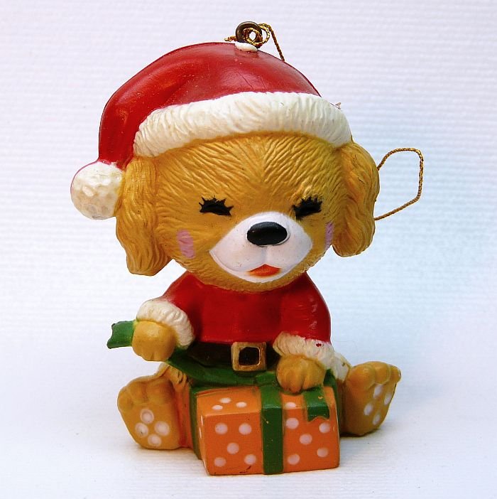 vtg Dog in Santa hat ornament Christmas wrapping a present Bradford Novelty Company