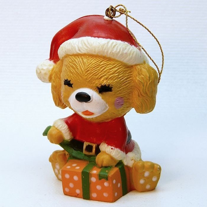 vtg Dog in Santa hat ornament Christmas wrapping a present Bradford Novelty Company