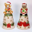 2 vintage bells Christmas bisque porcelain kitten teddy bear