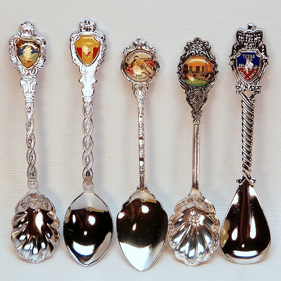 Vtg 5 collectible spoons souvenir Charlotte NC Massachusetts Texas