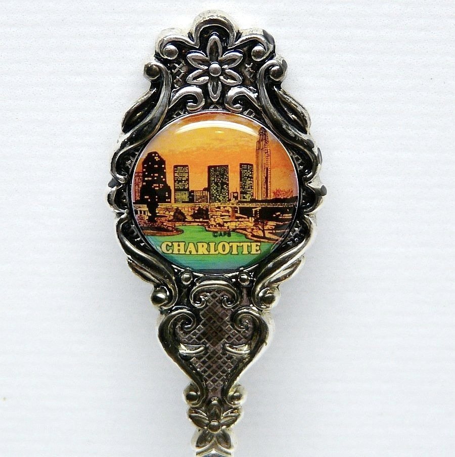 Vtg 5 collectible spoons souvenir Charlotte NC Massachusetts Texas