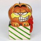 vtg Garfield ornament 1981 Enesco green striped box ceramic Christmas cat