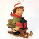 vtg girl on a sled ornament Christmas riding